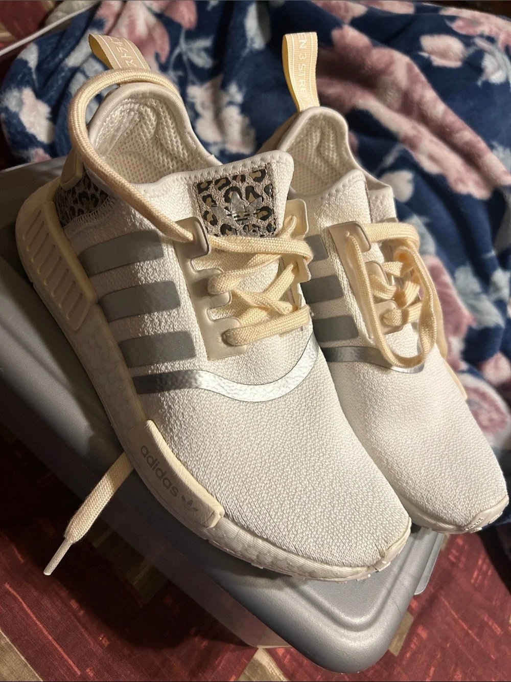 adidas Cream/White NMD R1 Casual Sneakers with Silver Stripes